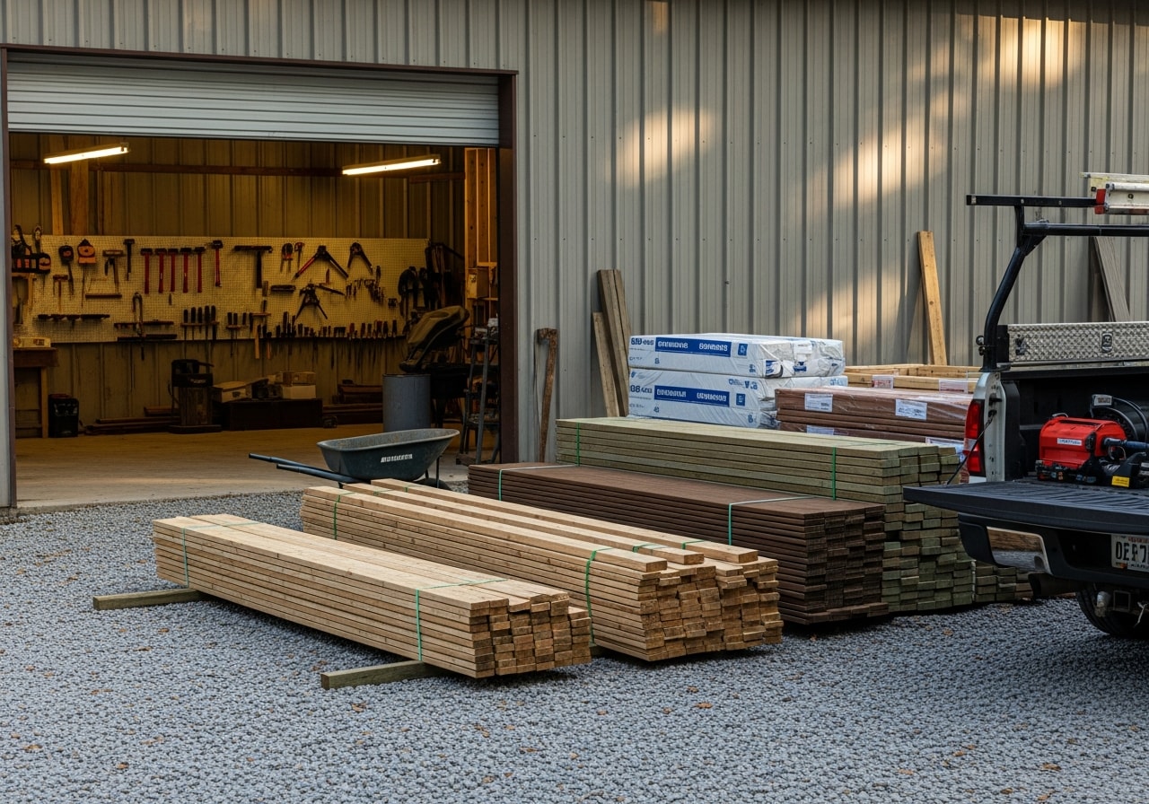 Construction crew and tools on a residential building site, showcasing the materials and equipment used in custom home and deck projects.