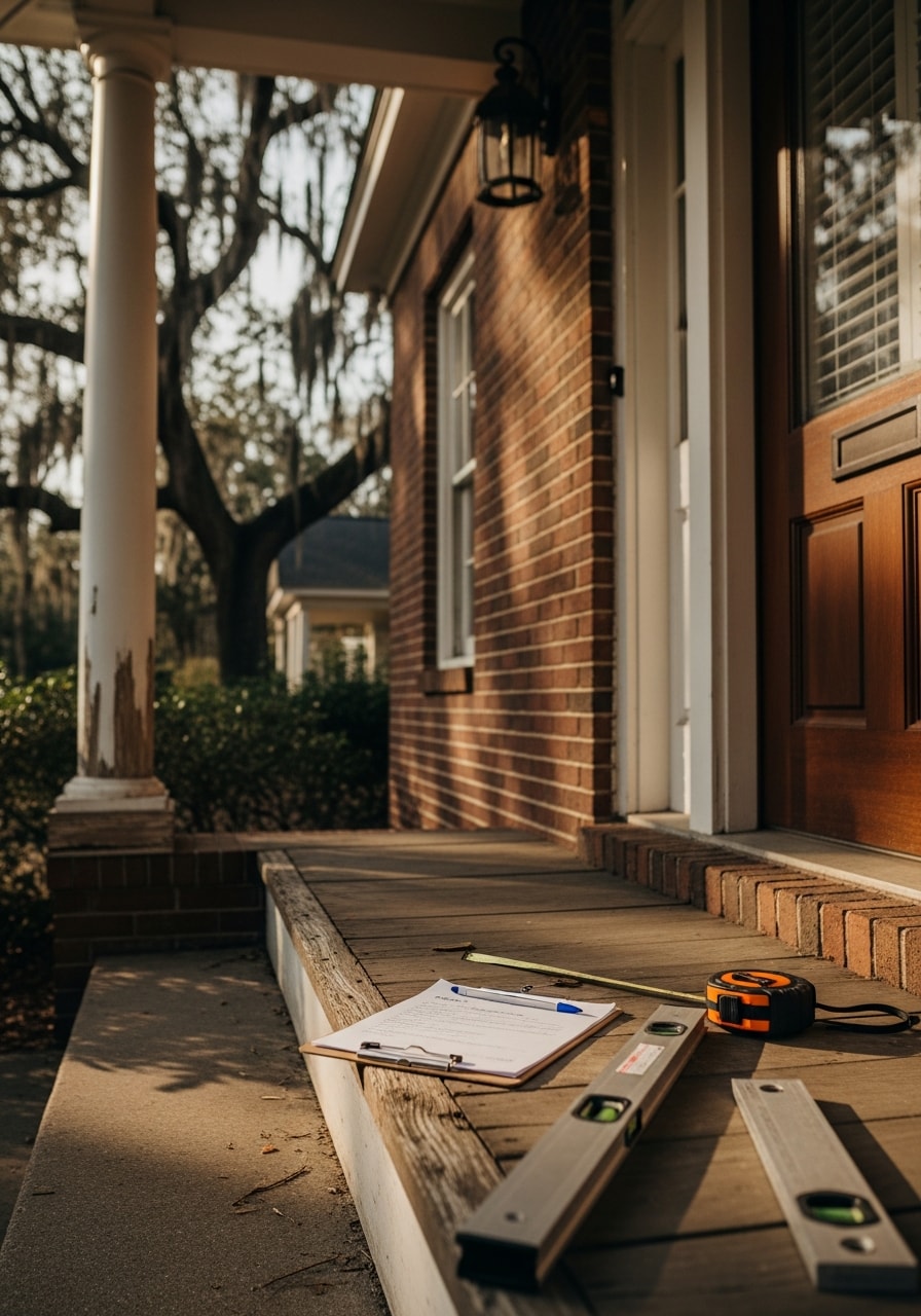 Close-up of a homeowner and service professional discussing a project at a Tallahassee property entrance.