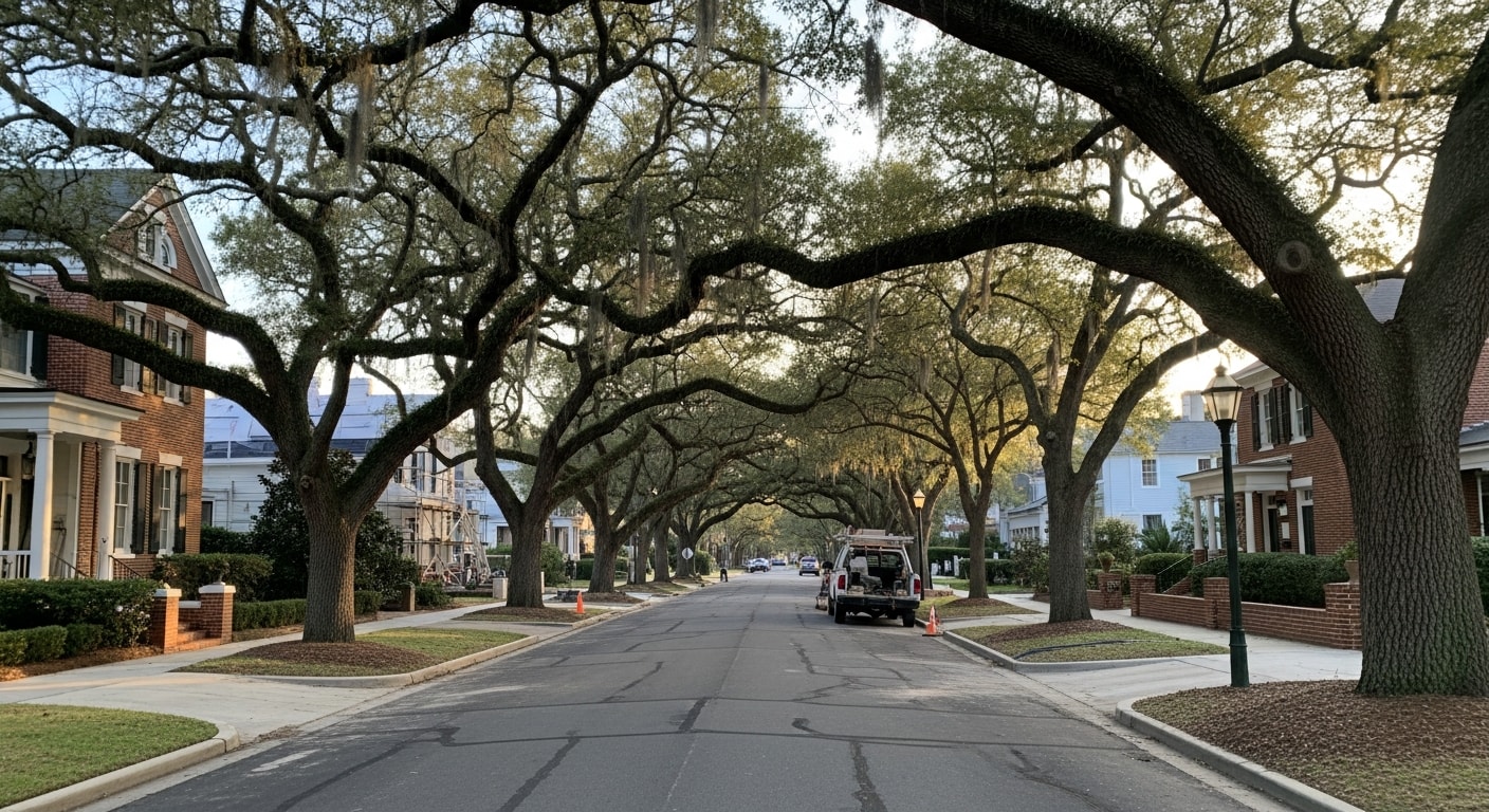 Residential street in Tallahassee with oak trees and brick homes typical of the capital city's established neighborhoods.
