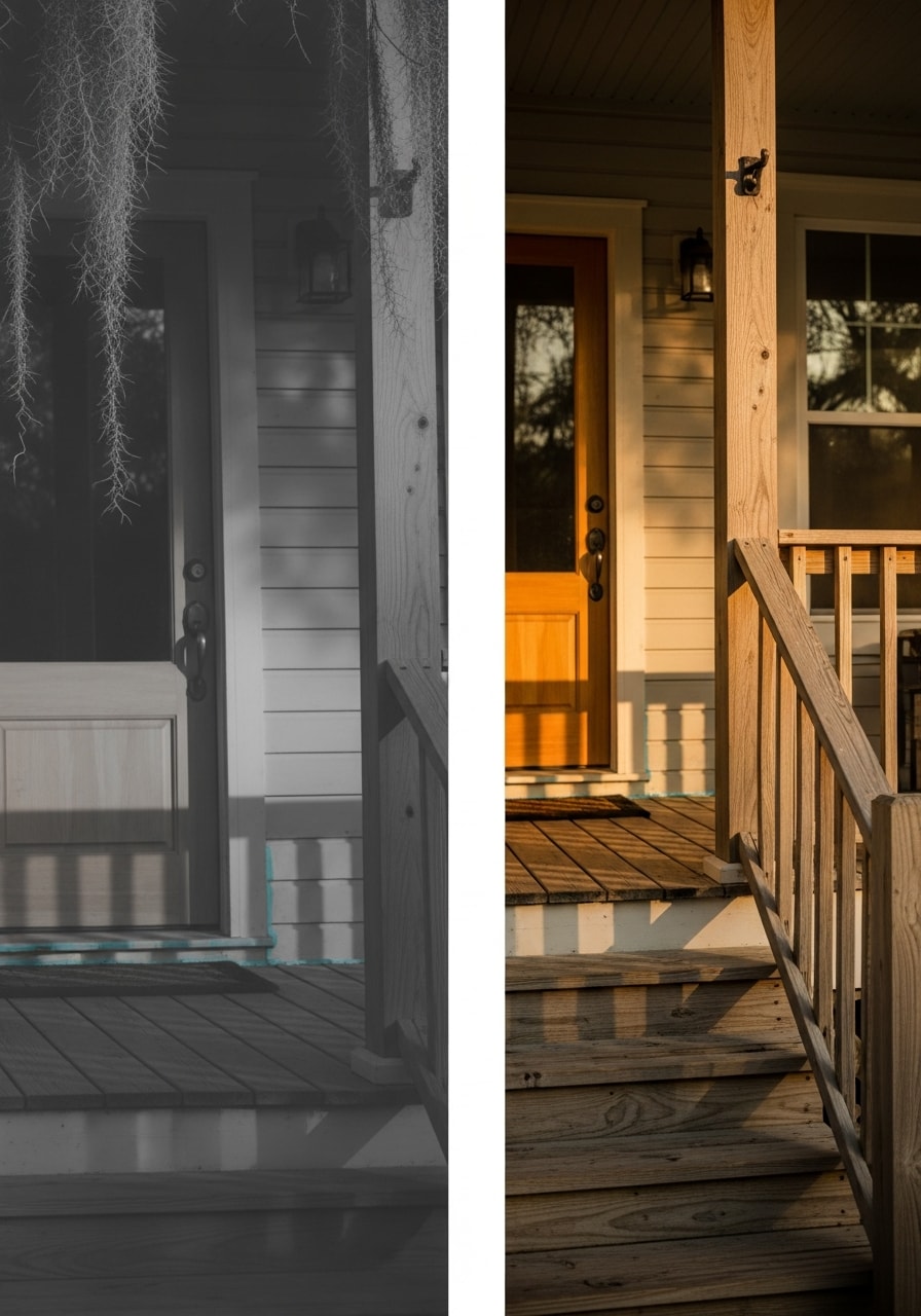 Service professional at a Wakulla County home entrance with natural surroundings visible.