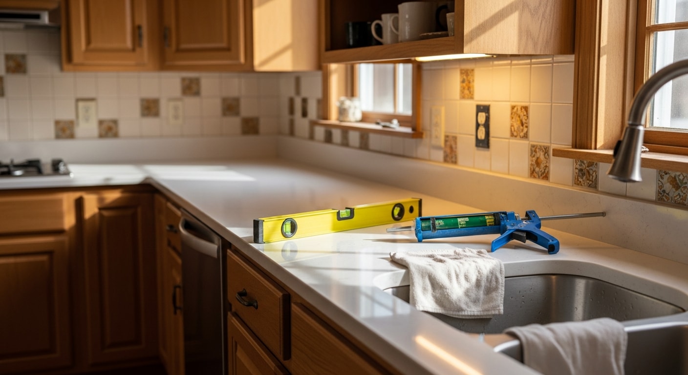 Freshly installed kitchen countertops in a Tallahassee home, showing clean edges fitted against wood cabinets with a stainless steel undermount sink. The surface is level and sealed, set inside a bright kitchen typical of a mid-century Tallahassee residential property.