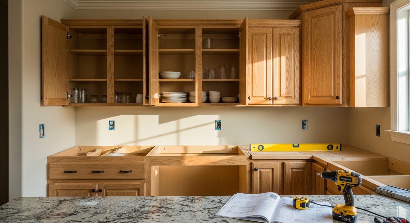 Newly installed custom kitchen cabinets with aligned doors and built-in storage in a Tallahassee home. Floor-to-ceiling cabinet run fitted along a freshly remodeled kitchen wall with hardware in place.