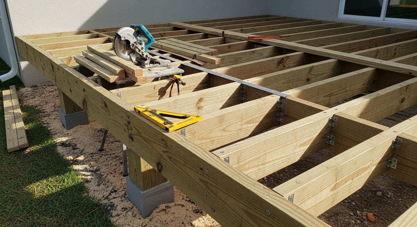 A newly built custom wood deck attached to the back of a residential home in Tallahassee, Florida, with clean railing lines and a ground-level yard view. The deck framing and surface boards show fresh construction suited to a humid North Florida backyard setting.