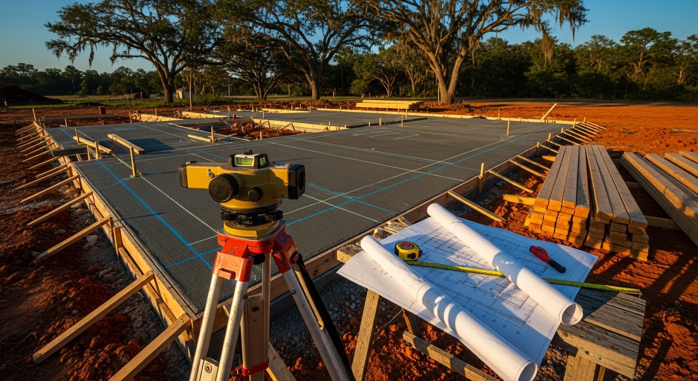 A newly constructed custom home in Tallahassee, Florida, with a covered front porch and freshly poured concrete driveway on a cleared residential lot. The exterior framing and roofline reflect construction suited to North Florida's climate and terrain.
