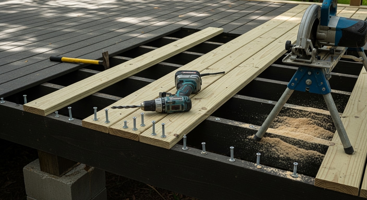 A repaired residential wood deck in Tallahassee, Florida, showing replaced surface boards and secured railings on a shaded backyard structure. Close-up view highlights flush board seams and corrosion-resistant fasteners installed by Southern Property Solutions LLC.