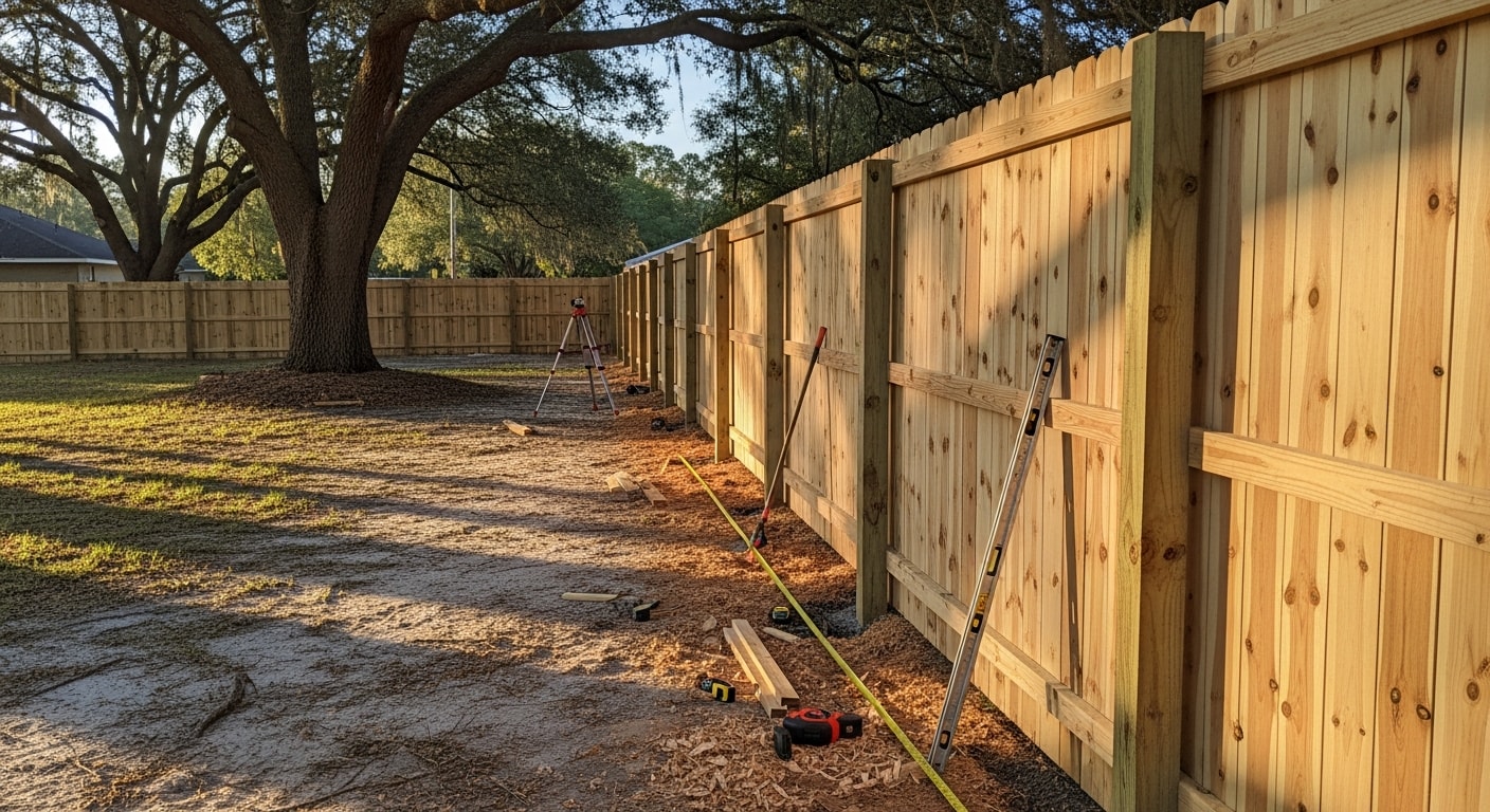 A newly installed wood privacy fence along the backyard perimeter of a residential property in Tallahassee, Florida, with concrete-set posts and a closed gate visible at the side yard entry. The fence stands at full height against a backdrop of mature Florida trees and a clear blue sky.