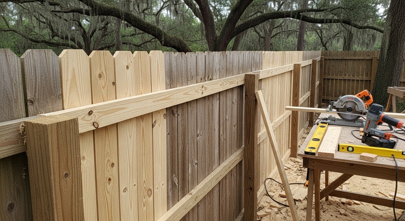 A repaired wood privacy fence with freshly replaced posts and pickets in a residential backyard in Tallahassee, Florida. The fence line is straight and level, with no visible rot, leaning, or storm damage.