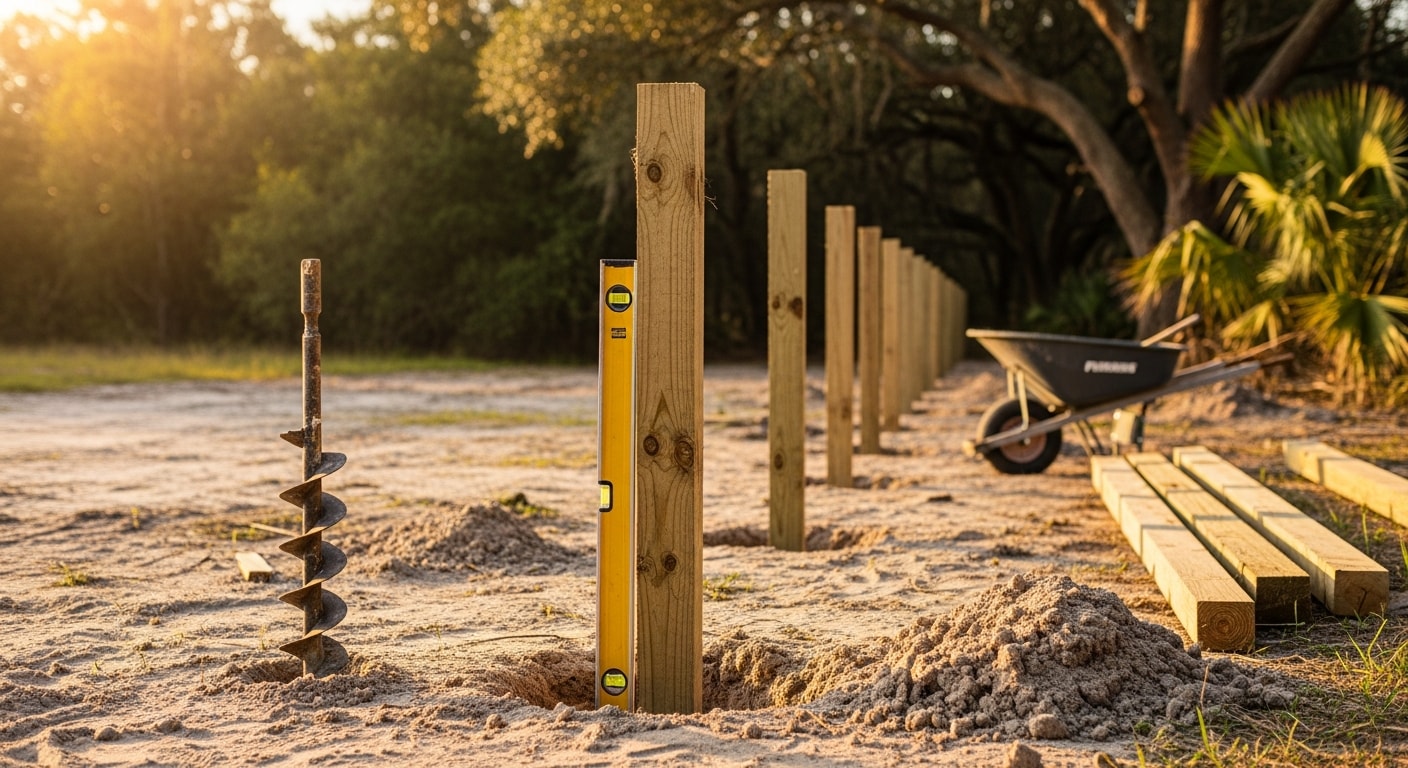 A newly installed wood privacy fence along the backyard of a residential property in Tallahassee, Florida, with straight posts set in concrete footings and clean, uniform panels. The surrounding yard shows mature trees and green grass typical of a North Florida neighborhood.