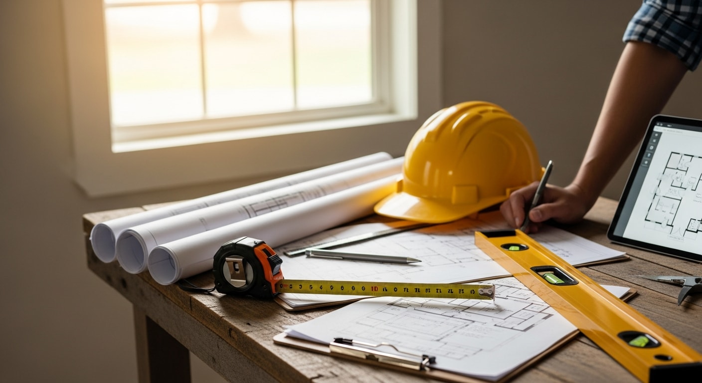 A general contractor reviewing renovation plans with a homeowner inside a Tallahassee residential property. The consultation takes place in a room slated for remodeling, with existing finishes and structural elements visible.