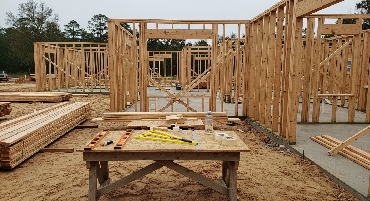 A newly framed residential home under construction in Tallahassee, Florida, with wood framing and roof trusses visible against a clear sky. A Southern Property Solutions LLC job site showing site prep and structural framing in progress on a Leon County residential lot.